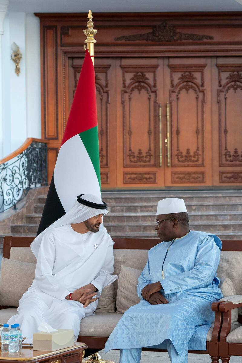 ABU DHABI, UNITED ARAB EMIRATES - December 5, 2018: HH Sheikh Mohamed bin Zayed Al Nahyan, Crown Prince of Abu Dhabi and Deputy Supreme Commander of the UAE Armed Forces (L), meets with HE Ibrahima Kassory Fofana, Prime Minister of Guinea (R), during a Sea Palace barza.

( Ryan Carter / Ministry of Presidential Affairs )
---