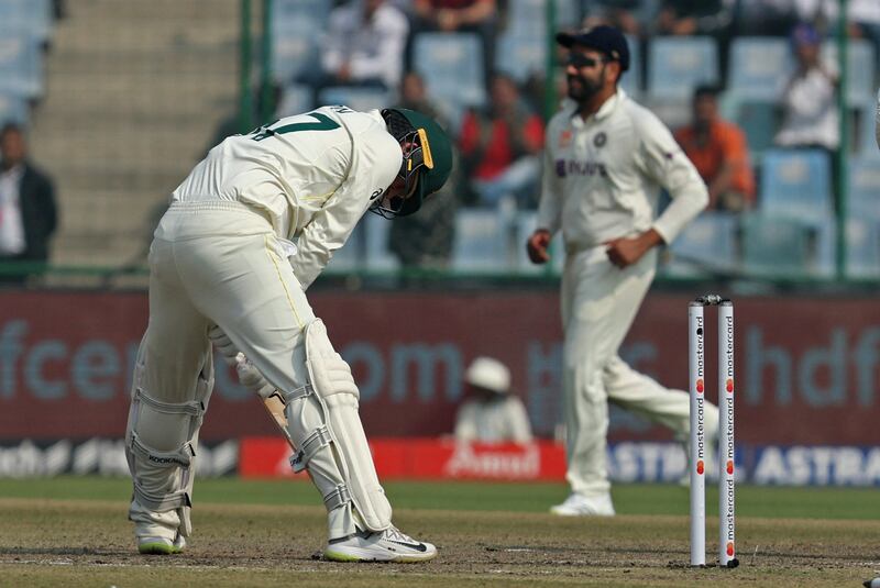 Australia batter Nathan Lyon after being bowled by India's Ravindra Jadeja. Reuters