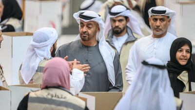 President Sheikh Mohamed visits an Emirates Red Crescent event for collecting aid for the victims of the earthquake in Syria and Turkey. Photo: Emirates Red Crescent