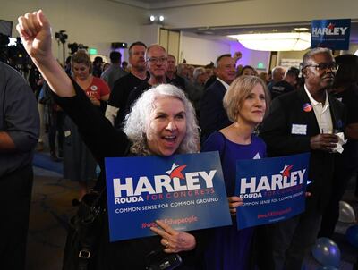 Supporters of Democratic candidate Harley Rouda celebrate as they watch the returns for the 48th Congressional District seat against opponent Republican incumbent Dana Rohrabacher, during the mid-term elections in Newport Beach, California on November 6, 2018.   / AFP / Mark RALSTON
