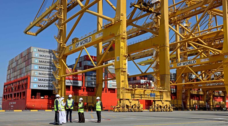 Prince William, centre, visits Jebel Ali Port in Dubai. AFP