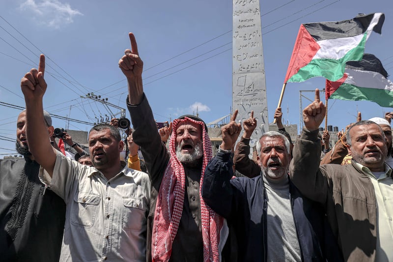 Hamas and Islamic Jihad supporters at a rally on Friday in Khan Yunis. AFP