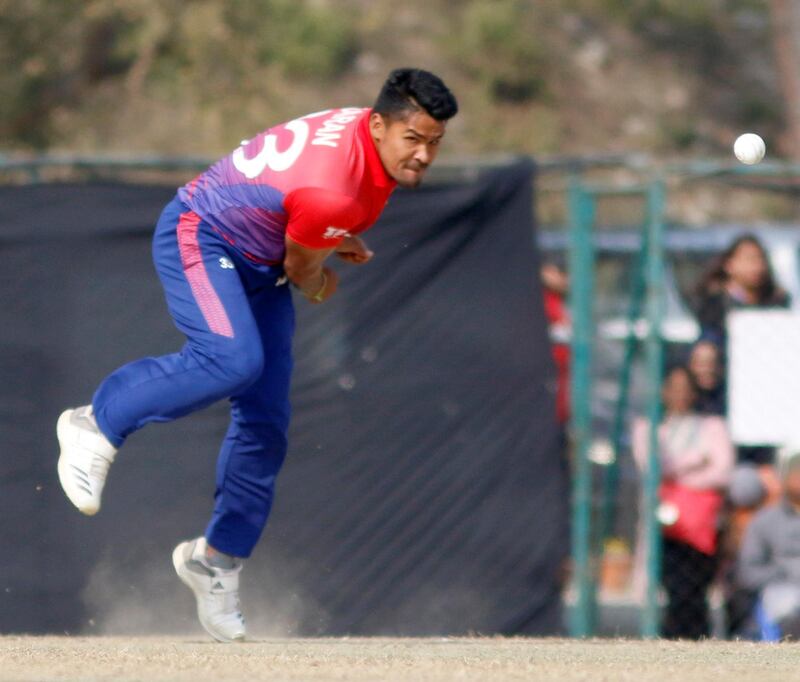 n KC of Nepal bowls during the ICC Cricket World Cup League 2 match between USA and Nepal at TU Cricket Stadium on 8 Feb 2020 in Nepal