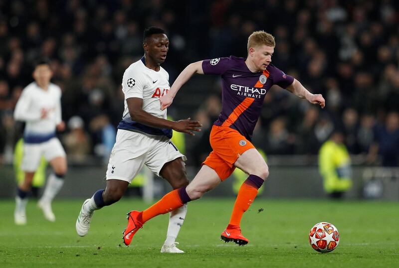 Tottenham's Victor Wanyama chases Manchester City's Kevin De Bruyne. Reuters