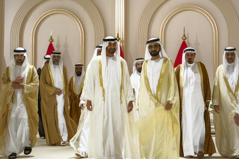 DUBAI, UNITED ARAB EMIRATES - June 06, 2019: HH Sheikh Mohamed bin Zayed Al Nahyan, Crown Prince of Abu Dhabi and Deputy Supreme Commander of the UAE Armed Forces (4th R) and HH Sheikh Mohamed bin Rashid Al Maktoum, Vice-President, Prime Minister of the UAE, Ruler of Dubai and Minister of Defence (3rd R), attend the wedding reception of HH Sheikh Hamdan bin Mohamed Al Maktoum, Crown Prince of Dubai (L), HH Sheikh Maktoum bin Mohamed bin Rashid Al Maktoum, Deputy Ruler of Dubai (not shown) and HH Sheikh Ahmed bin Mohamed bin Rashed Al Maktoum (not shown), at Dubai World Trade Centre.

( Abdullah Al Junaibi for Ministry of Presidential Affairs )
---