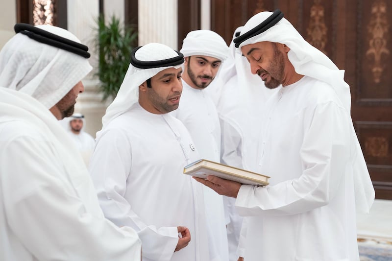 ABU DHABI, UNITED ARAB EMIRATES - May 28, 2019: HH Sheikh Mohamed bin Zayed Al Nahyan, Crown Prince of Abu Dhabi and Deputy Supreme Commander of the UAE Armed Forces (R), speaks with a member of the Ministry of Presidential Affairs, during an iftar reception, at Al Bateen Palace.

( Eissa Al Hammadi for the Ministry of Presidential Affairs )
---