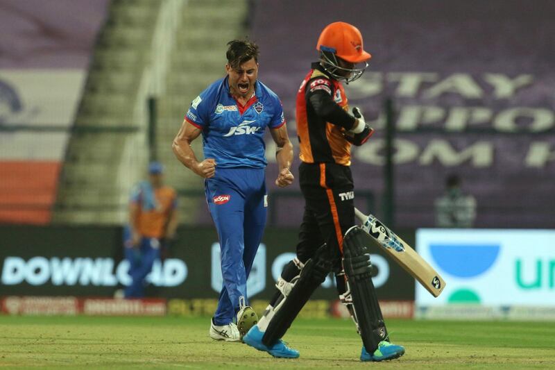 Marcus Stoinis of Delhi Capitals celebrates the wicket of Priyam Garg of Sunrisers Hyderabad  during the qualifier 2 match of season 13 of the Dream 11 Indian Premier League (IPL) between the Delhi Capitals and the Sunrisers Hyderabad at the Sheikh Zayed Stadium, Abu Dhabi in the United Arab Emirates on the 8th November 2020.  Photo by: Vipin Pawar  / Sportzpics for BCCI