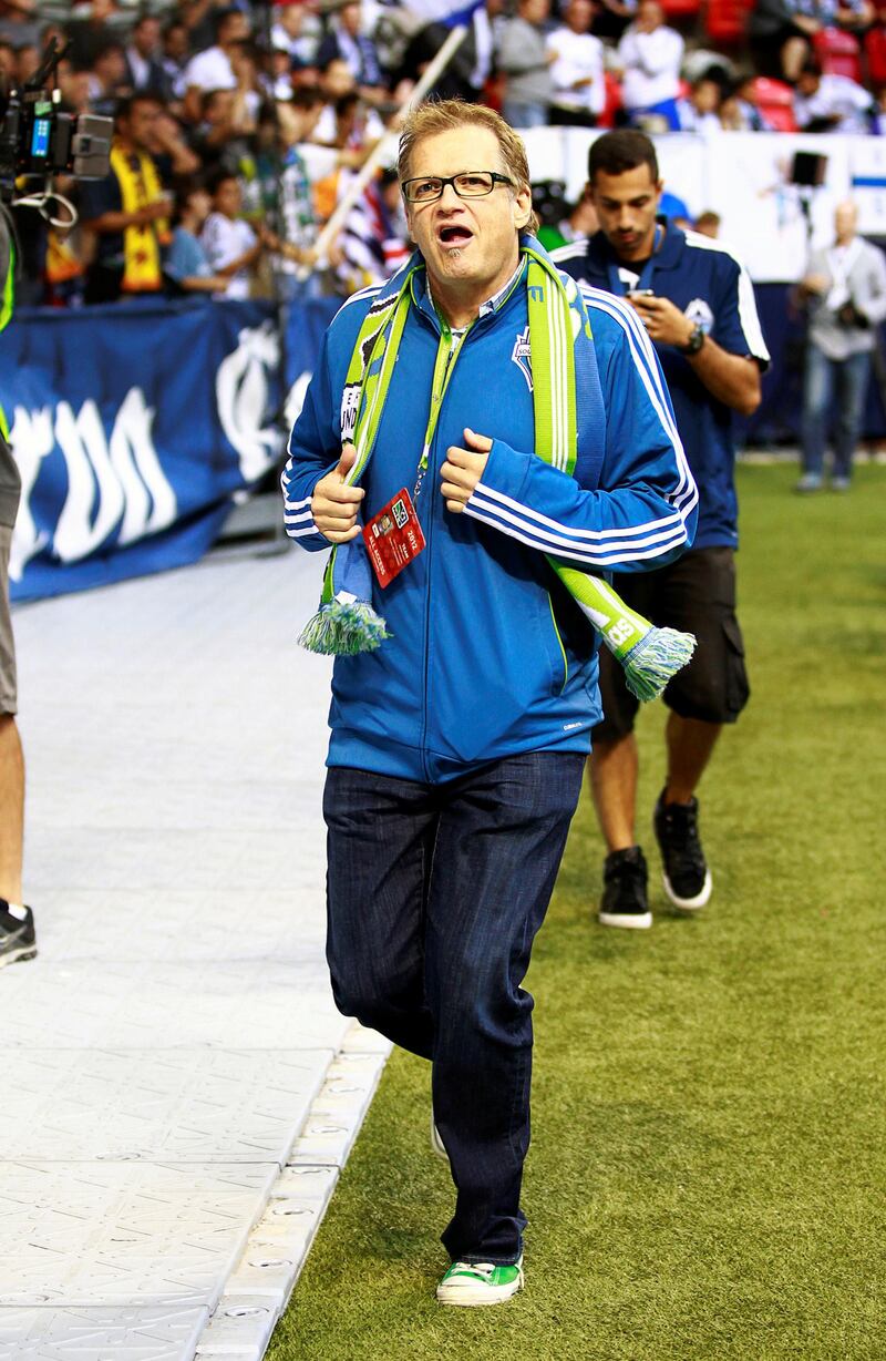VANCOUVER, CANADA - SEPTEMBER 29: Actor/comedian Drew Carey, a minority owner of Seattle Sounders FC, takes in the MLS game against the Vancouver Whitecaps FC September 29, 2012 at BC Place in Vancouver, British Columbia, Canada.   Jeff Vinnick/Getty Images/AFP