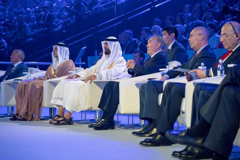 ASTANA, KAZAKHSTAN - July 05, 2018: HH Sheikh Mohamed bin Zayed Al Nahyan, Crown Prince of Abu Dhabi and Deputy Supreme Commander of the UAE Armed Forces (3rd L) and HE Nursultan Nazarbayev, President of Kazakhstan (4th L) attend the opening ceremony of Astana International Financial Centre. Seen with HH Sheikh Mansour bin Zayed Al Nahyan, UAE Deputy Prime Minister and Minister of Presidential Affairs (2nd L).

( Hamad Al Kaabi / Crown Prince Court - Abu Dhabi )