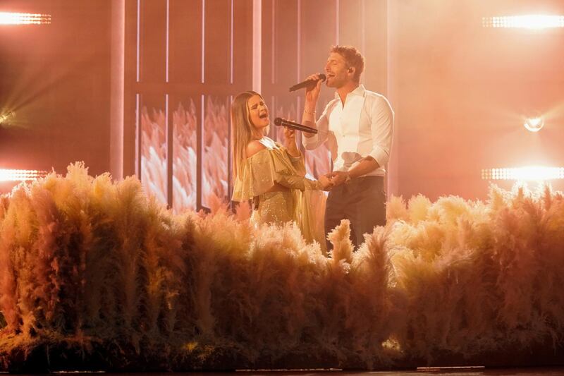 Maren Morris and Ryan Hurd perform at the Ryman Auditorium in Nashville for a taped appearance ahead of the 56th Academy of Country Music Awards show. Reuters