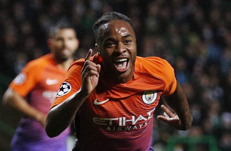 Manchester City’s Raheem Sterling celebrates scoring their second goal against Celtic. Lee Smith / Reuters
