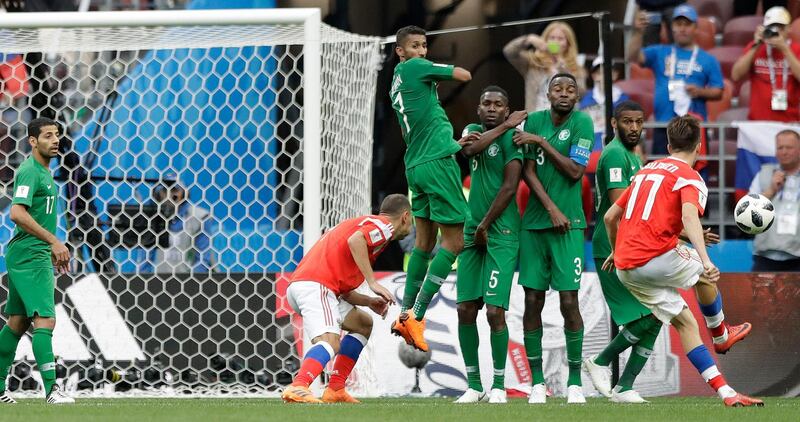 Match 1: Russia's Aleksandr Golovin scores against Saudi Arabia. AP