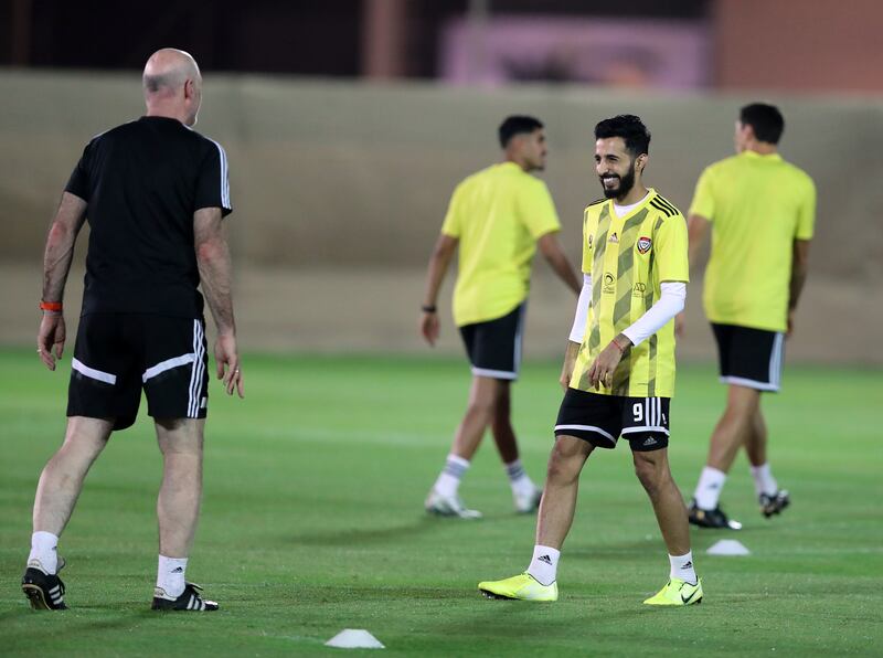 UAE's Bandar Al Ahbabi trains in Dubai on Wednesday on the eve of the UAE's World Cup qualifying match against Iran. Chris Whiteoak / The National