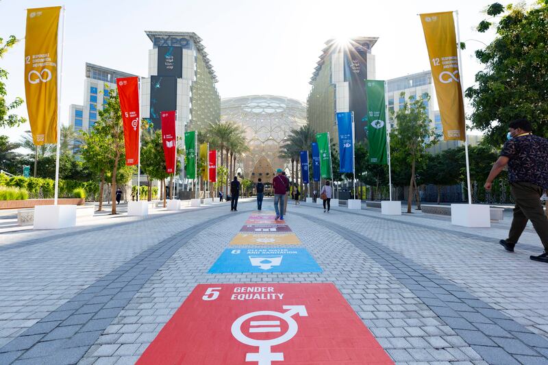 UN Sustainable Development Goal No 5 – achieve gender equality and empower all women and girls – displayed at the world's fair. Photo: Expo 2020 Dubai.