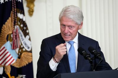 Former president Bill Clinton speaks during a ceremony celebrating the 30th anniversary of the Family and Medical Leave Act. AP