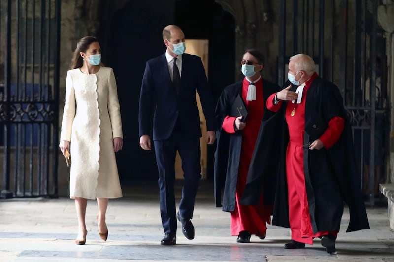 Prince William and Catherine, Duchess of Cambridge arrive for a visit to the vaccination center at Westminster Abbey, London, to pay tribute to the efforts of those involved in the Covid-19 vaccine rollout. The UK is marking a national day of reflection a year after the first lockdown was announced. AP Photo