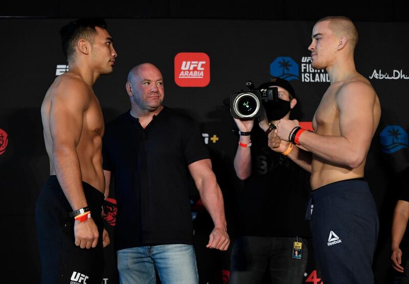 ABU DHABI, UNITED ARAB EMIRATES - JANUARY 15: (L-R) Opponents Punahele Soriano and Dusko Todorovic of Serbia face off during the UFC weigh-in at Etihad Arena on UFC Fight Island on January 15, 2021 in Abu Dhabi, United Arab Emirates. (Photo by Jeff Bottari/Zuffa LLC)