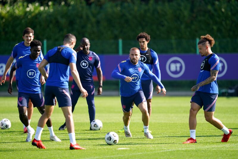 England full-back Luke Shaw during a training session at Hotspur Way. PA