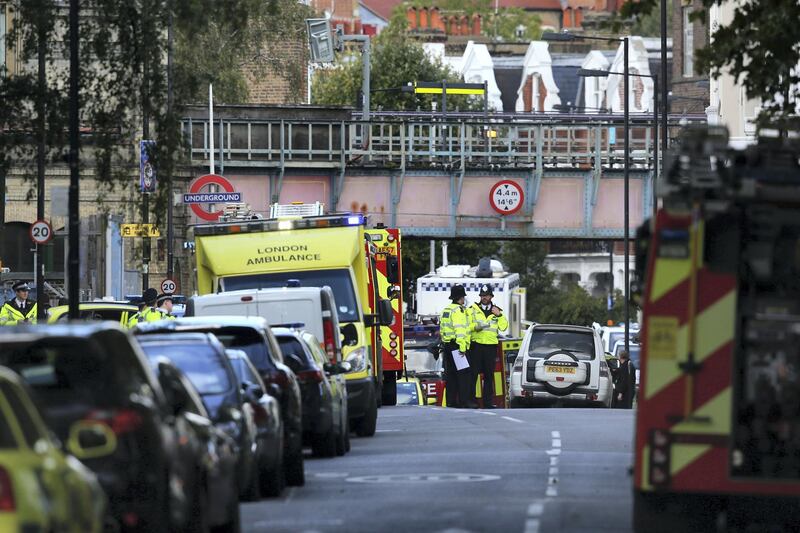 LONDON, ENGLAND - SEPTEMBER 15: Emergency services outside of Parsons Green Underground Station on September 15, 2017 in London, England. Several people have been injured after an explosion on a tube train in south-west London. The Police are treating the incident as terrorism.  (Photo by Jack Taylor/Getty Images)