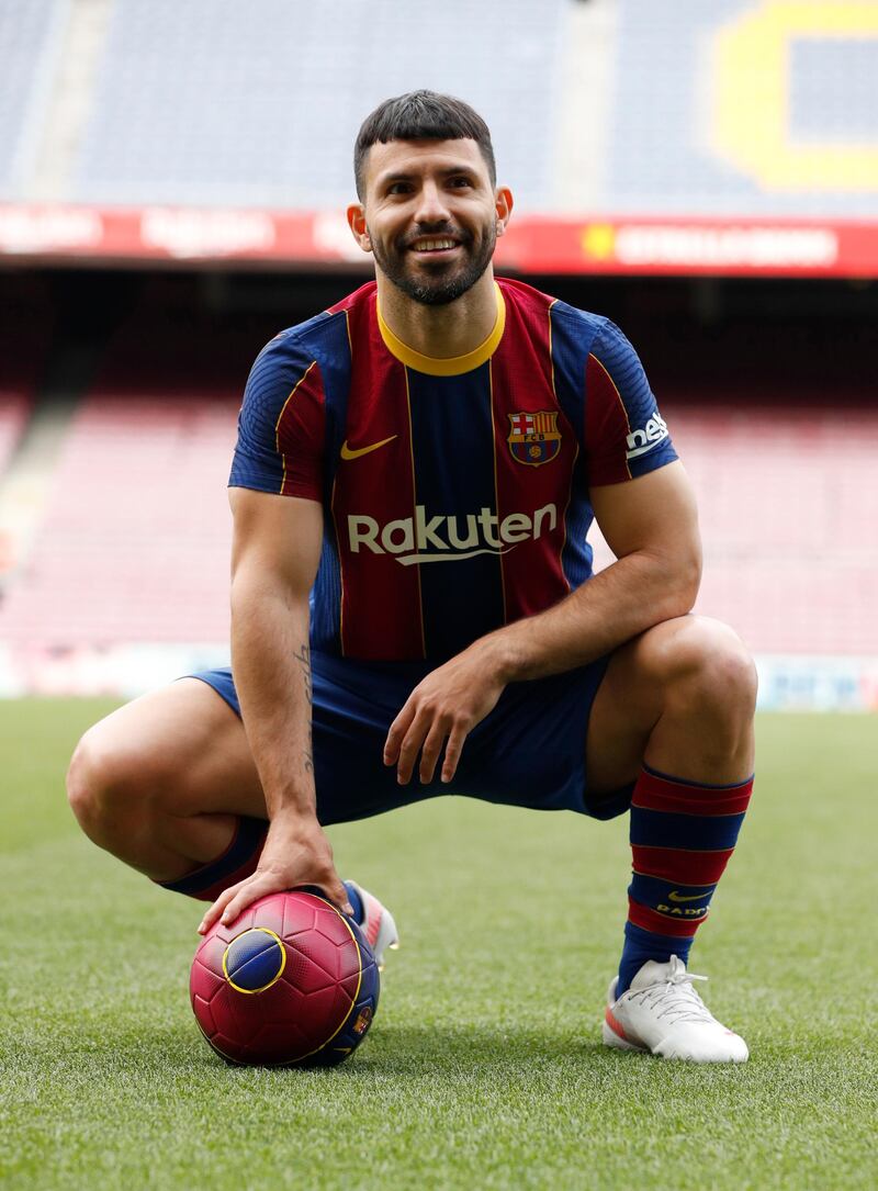 Barcelona present new signing Sergio Aguero at Camp Nou on Monday. Reuters