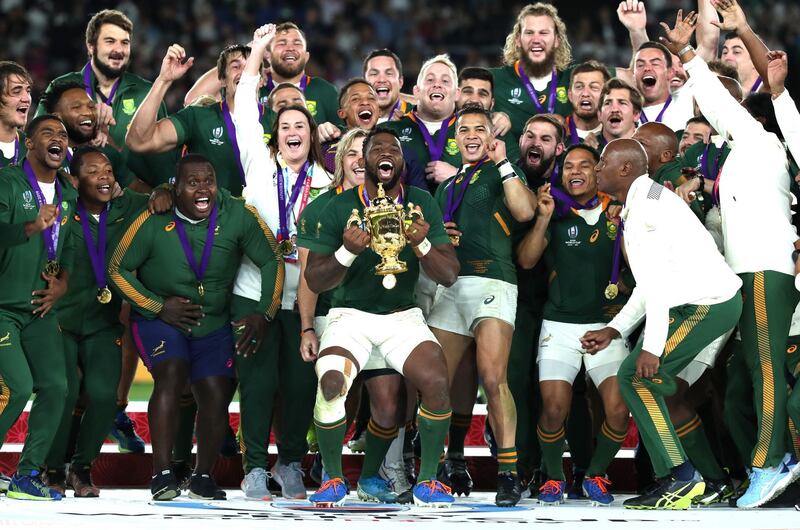 YOKOHAMA, JAPAN - NOVEMBER 02: Siya Kolisi of South Africa lifts the Web Ellis cup following his team's victory against England in the Rugby World Cup 2019 Final between England and South Africa at International Stadium Yokohama in Yokohama, Kanagawa, Japan. Getty Images