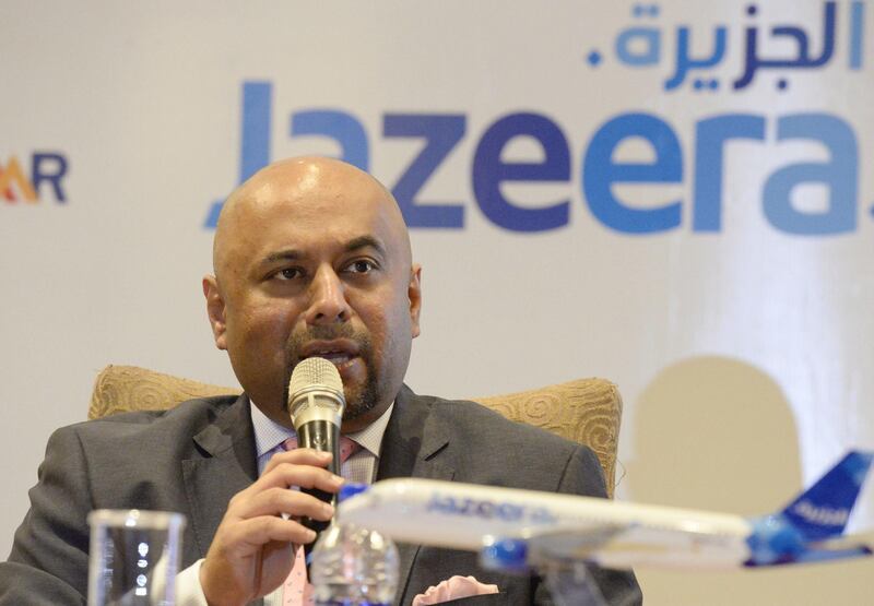 Indian Chief Executive Officer of Jazeera Airways Rohit Ramachandran speaks  at a press conference in Hyderabad on November 17, 2017.
Low-cost airline Jazeera Airways is to start operating daily flights from Kuwait to Hyderabad. / AFP PHOTO / NOAH SEELAM