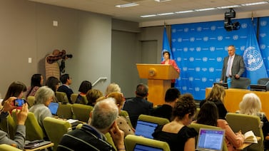 Catherine Colonna, centre, chairwoman of the Independent Review of United Nations Relief and Works Agency for Palestine Refugees in the Near East (UNRWA), briefs the press at United Nations headquarters in New York on April 22.   EPA