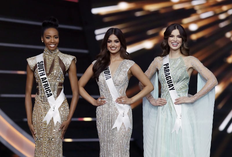 The top three finalists: Miss South Africa Lalela Mswane, Miss India Harnaaz Sandhu, and Miss Paraguay Nadia Ferreira. EPA