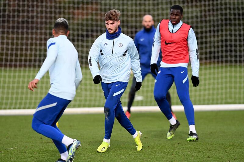 COBHAM, ENGLAND - JANUARY 28:  Timo Werner of Chelsea during a training session at Chelsea Training Ground on January 28, 2021 in Cobham, England. (Photo by Darren Walsh/Chelsea FC via Getty Images)