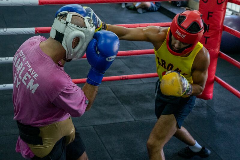 Nadim Salloum, left, spars with Andy Charanek at the Fitmind gym in Jounieh, Lebanon. 