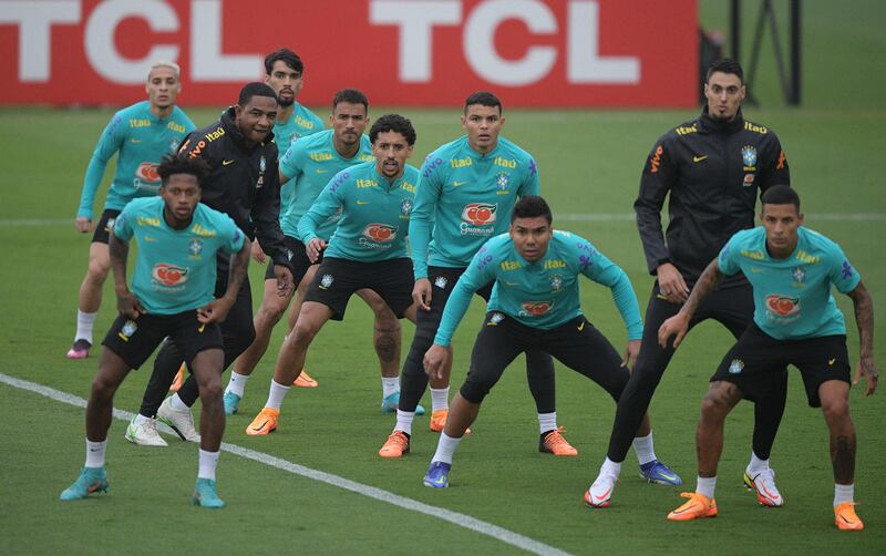 Brazil's players take part in a training session at the national football team's training grounds in Granja Comary, Rio de Janeiro. AFP