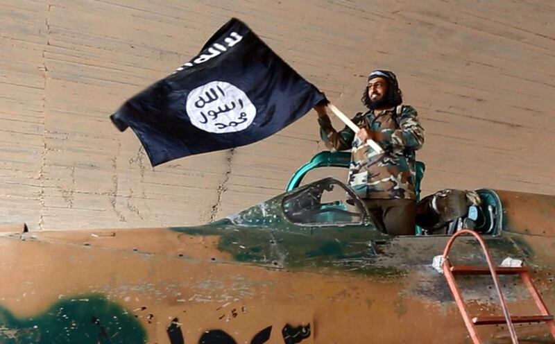 An ISIL fighter waves their flag from inside a captured government fighter jet in Raqqa. (Raqqa Media Center / AP Photo)