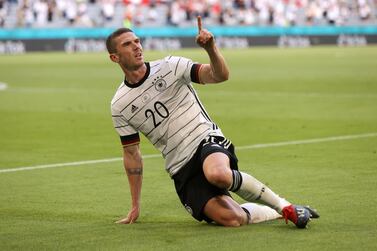 MUNICH, GERMANY - JUNE 19: Robin Gosens of Germany celebrates after scoring their side's fourth goal during the UEFA Euro 2020 Championship Group F match between Portugal and Germany at Football Arena Munich on June 19, 2021 in Munich, Germany. (Photo by Alexander Hassenstein/Getty Images)