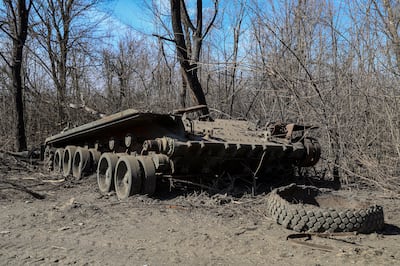 A destroyed Russian armoured vehicle near Donetsk. EPA