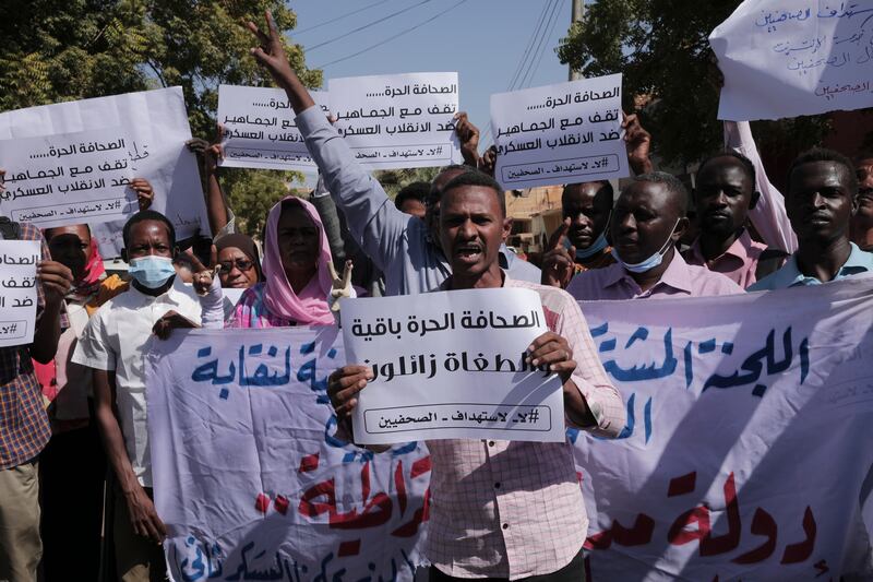 Sudanese journalists protest against the military coup that toppled the country's civilian-led government last month. AP