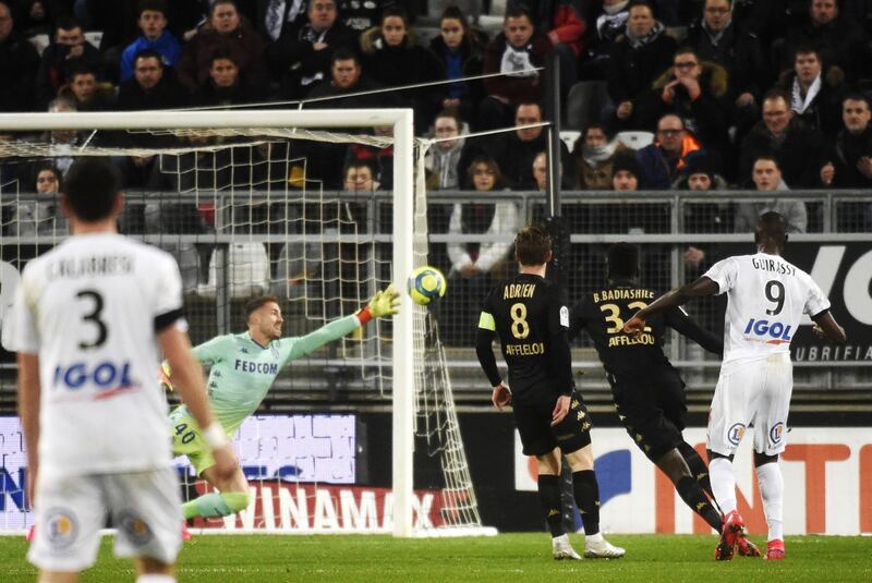 Amiens' Serhou Guirassy (R) scores the first goal. AFP