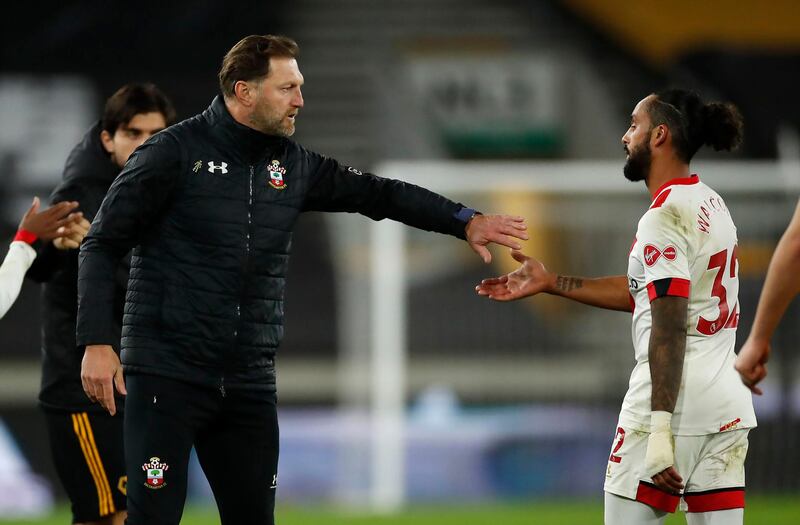 Southampton manager Ralph Hasenhuttl congratulates Theo Walcott after the Premier League match at Molineux. PA
