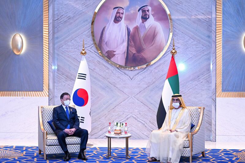 Sheikh Mohammed bin Rashid, Vice President and Ruler of Dubai, meets Moon Jae-in, President of South Korea, at Zaabeel Palace in Dubai. Photo: @ShkMohd / Twitter