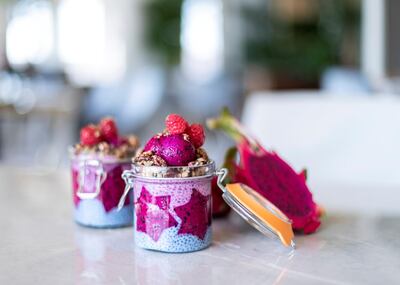 DUBAI, UNITED ARAB EMIRATES. 7 NOVEMBER 2019. 
Seasonal Superfood Blue Spirulina & Pink Dragon Fruit Pudding.

Chef Silvena Rowe is launching Nassau, a chic new modern Mediterranean eatery in Dubai this month. The restaurant will open its doors at Jumeirah Golf Estates this November, and is expected to serve dishes from southern Europe and the Levant.

(Photo: Reem Mohammed/The National)

Reporter:
Section: