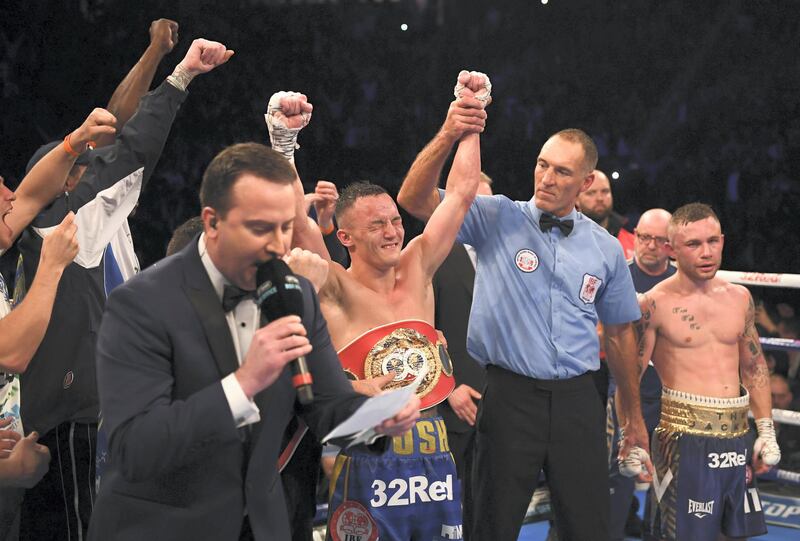 Manchester , United Kingdom - 22 December 2018; Josh Warrington celebrates after defeating Carl Frampton in their IBF World Featherweight title bout at the Manchester Arena in Manchester, England. (Photo By David Fitzgerald/Sportsfile via Getty Images)