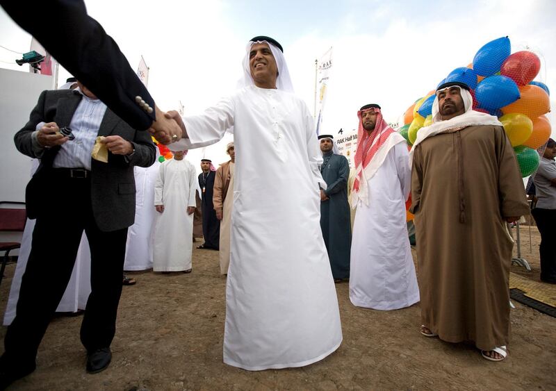 Ras Al Khaimah- February 20, 2009 - H.H. Sheikh Saud bin Saqr al Qasimi, crown prince and ruler of Ras Al Khaimah greets guests before the start of the RAK Half Marathon in Ras Al Khaimah, February 20, 2009. PLEASE CHECK SPELLING OF NAME. (Photo by Jeff Topping/ The National )  *** Local Caption ***  JT012-0220-RAK MARATHON IMG_8602.jpgJT012-0220-RAK MARATHON IMG_8602.jpg