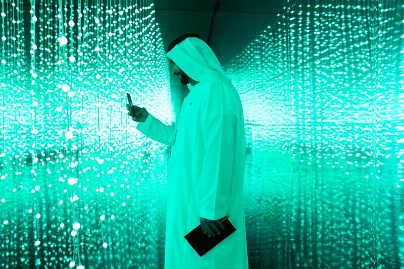 DUBAI, UNITED ARAB EMIRATES - Feb 11, 2018.

A man takes a photo of the light installation at "You Are Light" exhibit by Mohammed Bin Rashed Centre for Government Initiation, showing at World Government Summit 2018.

(Photo: Reem Mohammed/ The National)

Reporter: 
Section: NA