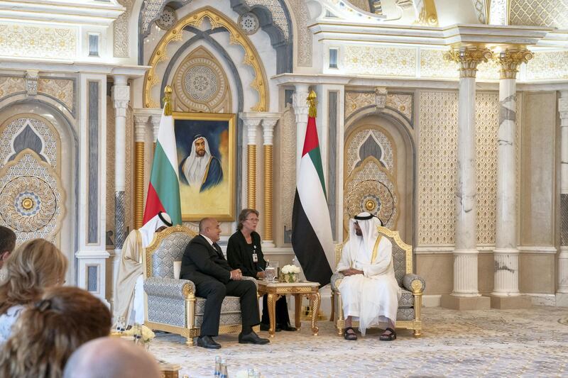 ABU DHABI, UNITED ARAB EMIRATES - October 21, 2018: HH Sheikh Mohamed bin Zayed Al Nahyan, Crown Prince of Abu Dhabi and Deputy Supreme Commander of the UAE Armed Forces (R) meets with HE Boyko Borissov, Prime Minister of Bulgaria (3rd R), at Presidential Palace.

( Hamad Al Kaabi / Crown Prince Court - Abu Dhabi )
---