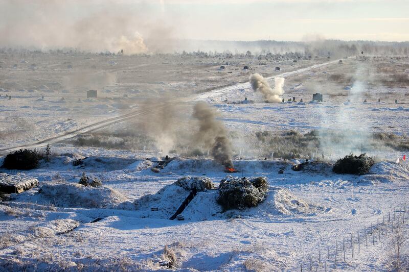 Smoke rises over the Gozhsky training ground during Russia-Belarus military drills in Belarus. AP