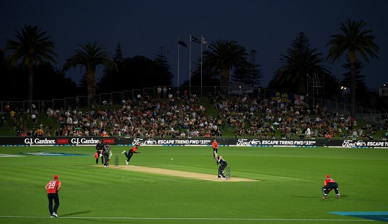 England's Chris Jordan bowls to Colin Munro of New Zealand. Getty