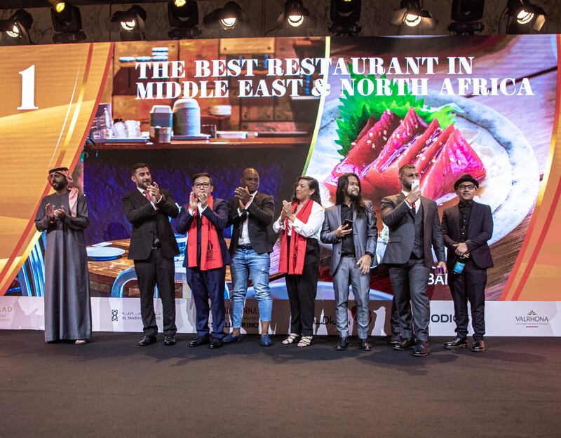 The team from 3 Fils, the Dubai restaurant that topped the list, accept their award.