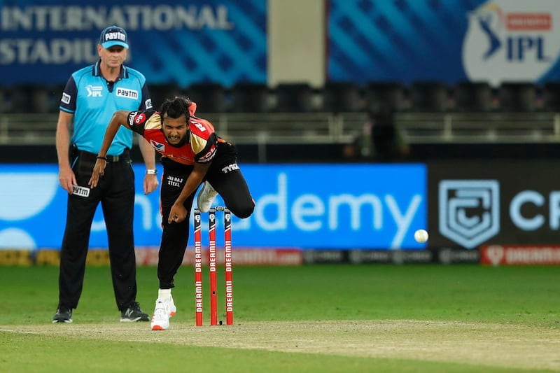 T Natarajan of Sunrisers Hyderabad bowling during match 43 of season 13 of the Dream 11 Indian Premier League (IPL) between the Kings XI Punjab and the Sunrisers Hyderabad held at the Dubai International Cricket Stadium, Dubai in the United Arab Emirates on the 24th October 2020.  Photo by: Saikat Das  / Sportzpics for BCCI