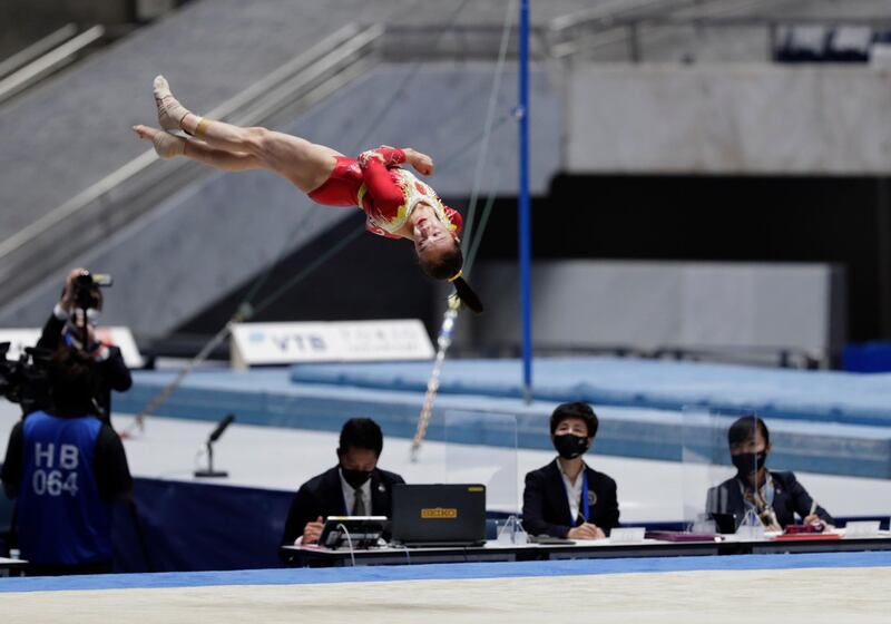 Zhang Jin of China competes in the floor exercise at the Friendship and Solidarity Competition gymnastics meet in Tokyo. AP