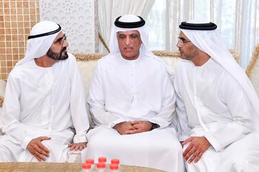 Sheikh Mohammed bin Rashid, left, at the Al Ghurair family residence. Wam