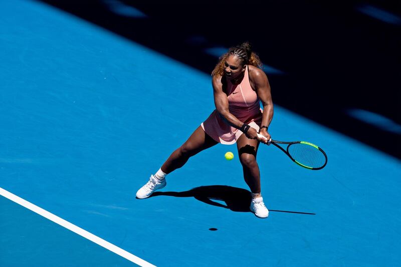 epaselect epa07254888 Serena Williams of the USA in action against Maria Sakkari of Greece during the women's singles match between the USA and Greece on day 3 of the Hopman Cup tennis tournament at RAC Arena in Perth, Western Australia, Australia, 31 December 2018.  EPA/RICHARD WAINWRIGHT AUSTRALIA AND NEW ZEALAND OUT  EDITORIAL USE ONLY